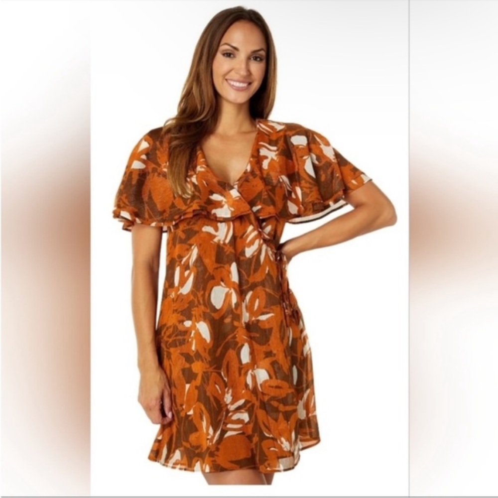 NWOT CALVIN KLEIN Flutter Sleeve Wrap Dress 'Earth Multi’ Size 8